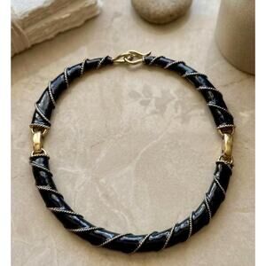 Vintage Donald Stannard Designer Choker Necklace-1980s Black Enamel & Gold Gilt
